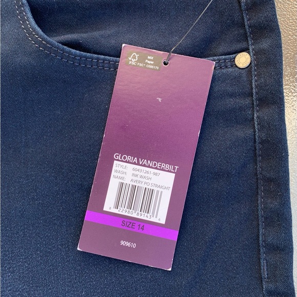 Gloria Vanderbilt Avery Indigo Blue Straight Leg 5-Pocket Jeans ~ Women’s 14 - Picture 3 of 10